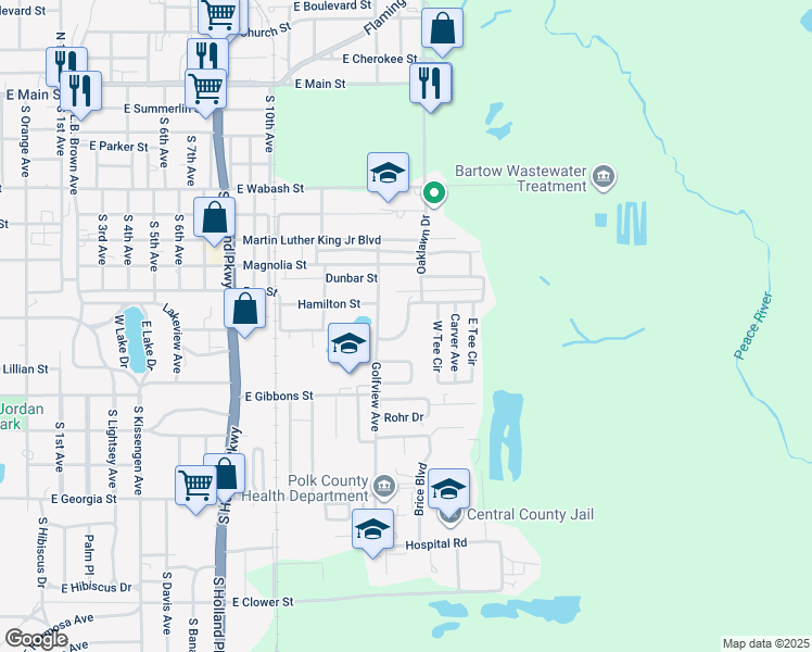 map of restaurants, bars, coffee shops, grocery stores, and more near in Bartow