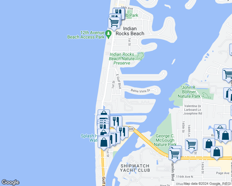map of restaurants, bars, coffee shops, grocery stores, and more near 220 Bates Avenue in Indian Rocks Beach