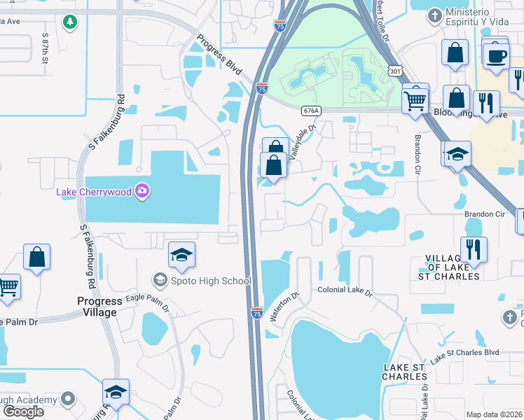 map of restaurants, bars, coffee shops, grocery stores, and more near 6447 Cypressdale Drive in Riverview