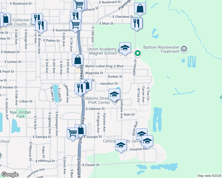 map of restaurants, bars, coffee shops, grocery stores, and more near 1930 Marshall Street in Bartow