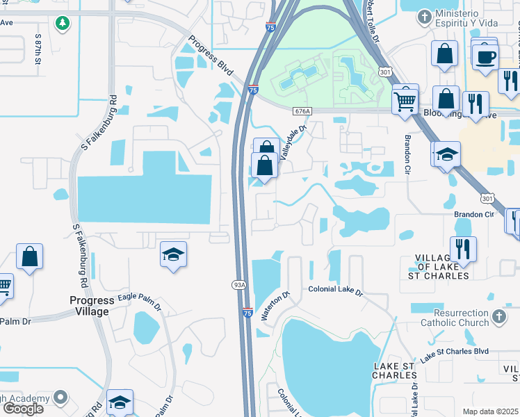 map of restaurants, bars, coffee shops, grocery stores, and more near 6415 Hollydale Place in Riverview