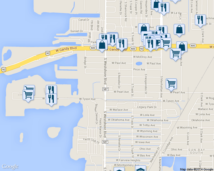 map of restaurants, bars, coffee shops, grocery stores, and more near 7 South West Shore Boulevard in Tampa