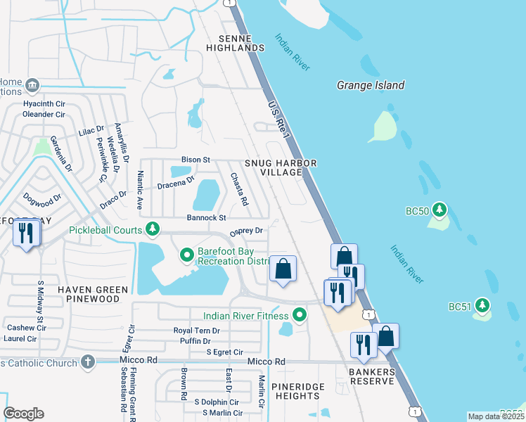 map of restaurants, bars, coffee shops, grocery stores, and more near 5479 Bannock Street in Micco