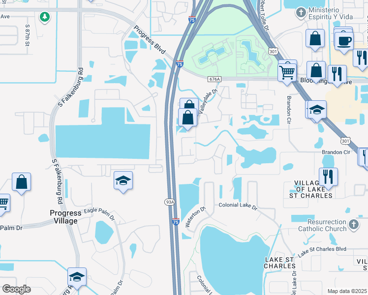 map of restaurants, bars, coffee shops, grocery stores, and more near 6444 Cypressdale Drive in Riverview