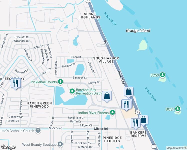 map of restaurants, bars, coffee shops, grocery stores, and more near 5479 Bannock Street in Micco