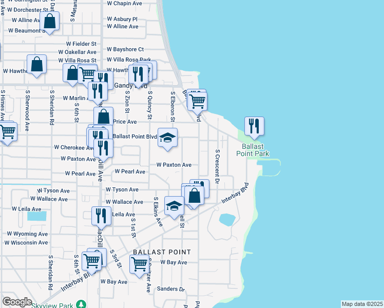 map of restaurants, bars, coffee shops, grocery stores, and more near 5221 Bayshore Boulevard in Tampa