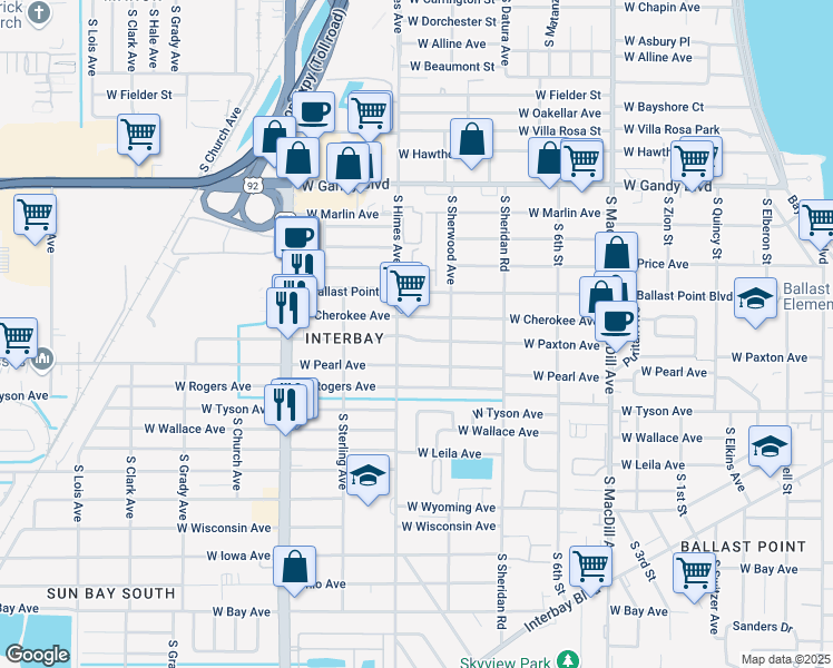 map of restaurants, bars, coffee shops, grocery stores, and more near 3414 West Paxton Avenue in Tampa