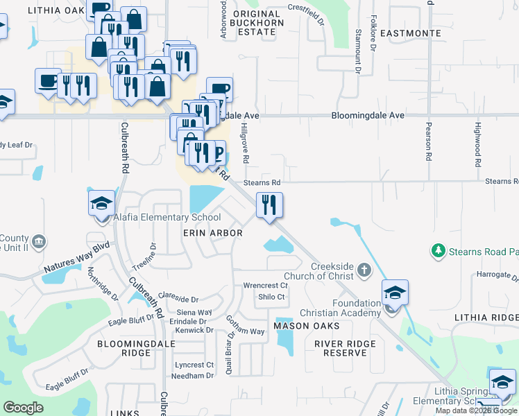 map of restaurants, bars, coffee shops, grocery stores, and more near Erindale Dr & Lithia Pinecrest Rd in Valrico