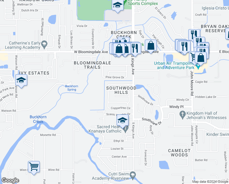 map of restaurants, bars, coffee shops, grocery stores, and more near 821 Crosswinds Drive in Brandon