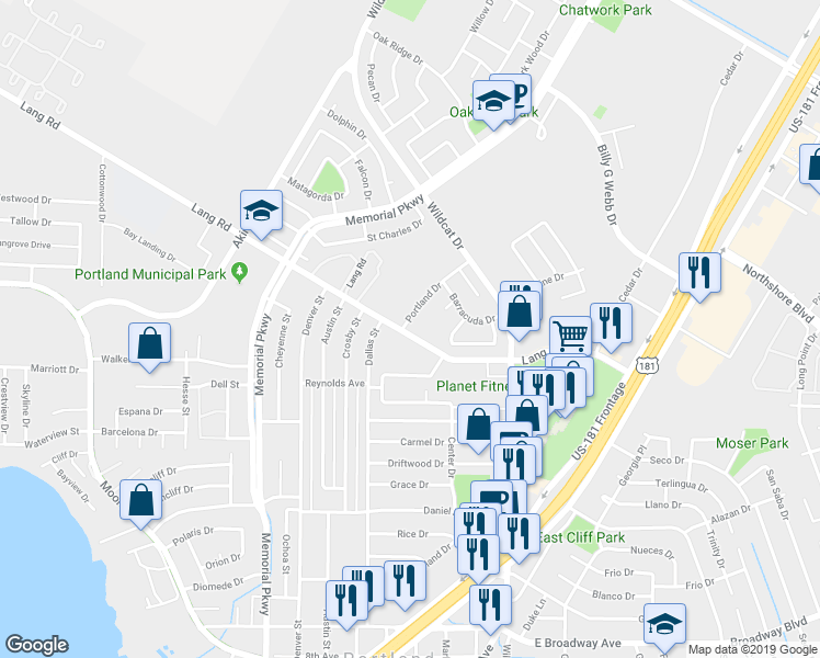 map of restaurants, bars, coffee shops, grocery stores, and more near 1802 Portland Drive in Portland