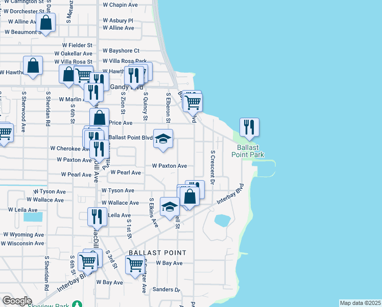 map of restaurants, bars, coffee shops, grocery stores, and more near 5221 Bayshore Boulevard in Tampa