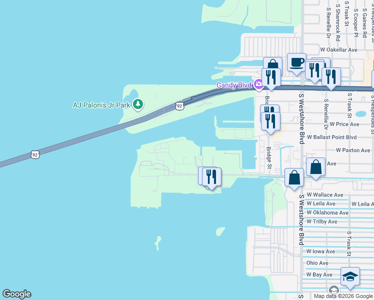 map of restaurants, bars, coffee shops, grocery stores, and more near 5215 W Tyson Ave in Tampa