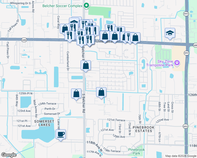 map of restaurants, bars, coffee shops, grocery stores, and more near 756 Ranchero Boulevard West in Largo