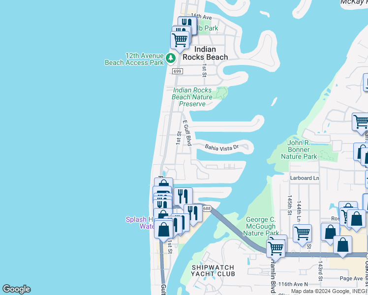 map of restaurants, bars, coffee shops, grocery stores, and more near 220 Bates Avenue in Indian Rocks Beach