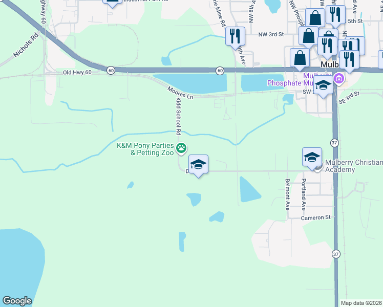 map of restaurants, bars, coffee shops, grocery stores, and more near 1505 Dean Street in Mulberry