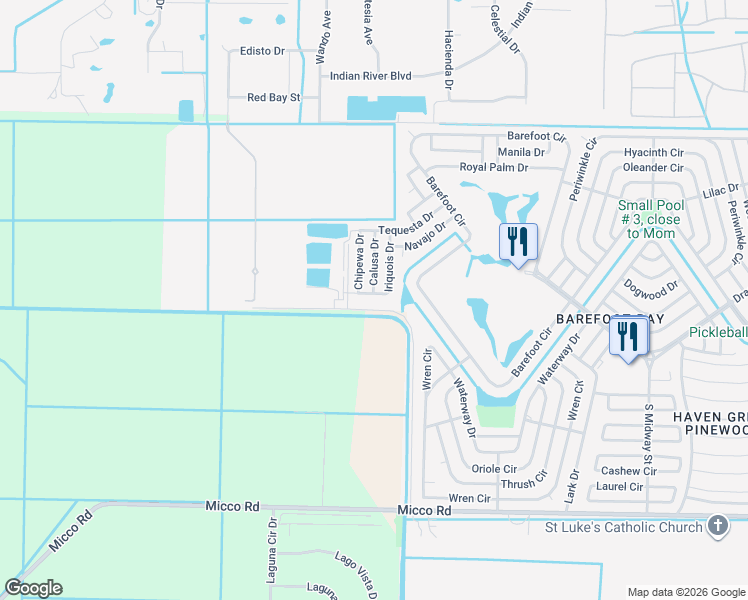 map of restaurants, bars, coffee shops, grocery stores, and more near 1186 Iriquois Drive in Sebastian