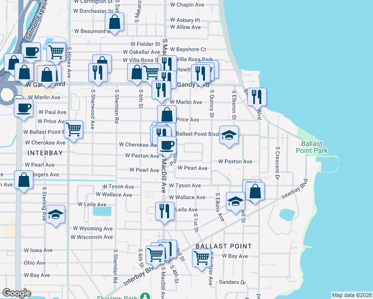map of restaurants, bars, coffee shops, grocery stores, and more near 2919 West Paxton Avenue in Tampa