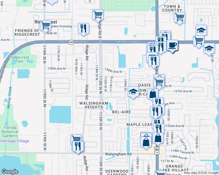 map of restaurants, bars, coffee shops, grocery stores, and more near 11136 126th Terrace in Largo