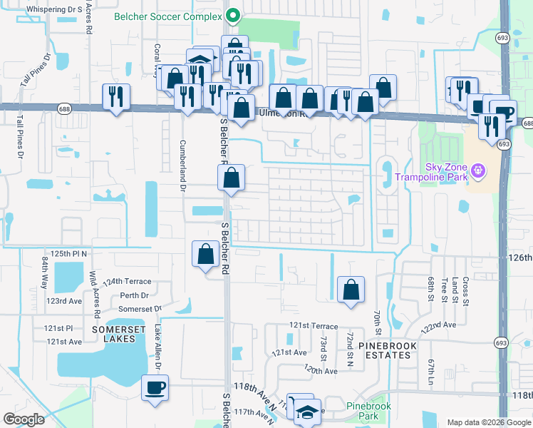 map of restaurants, bars, coffee shops, grocery stores, and more near 756 Ranchero Boulevard West in Largo
