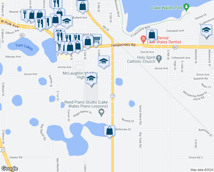 map of restaurants, bars, coffee shops, grocery stores, and more near 420 Russell Avenue in Lake Wales