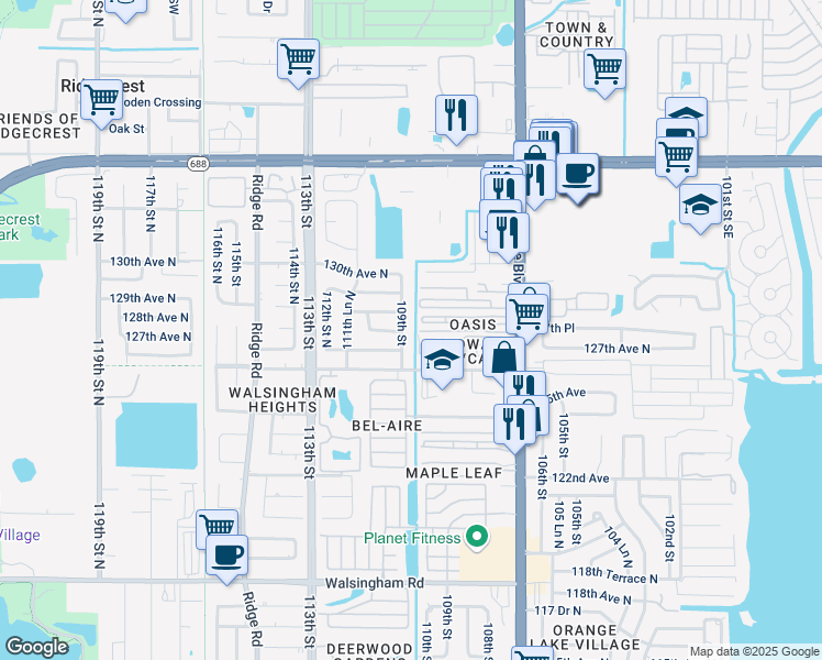 map of restaurants, bars, coffee shops, grocery stores, and more near 12843 109th Street in Largo