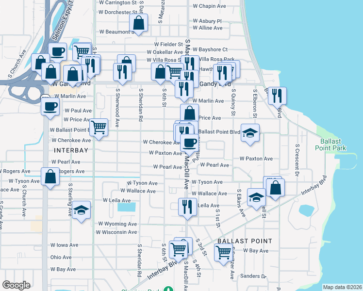 map of restaurants, bars, coffee shops, grocery stores, and more near 3106 West Cherokee Avenue in Tampa