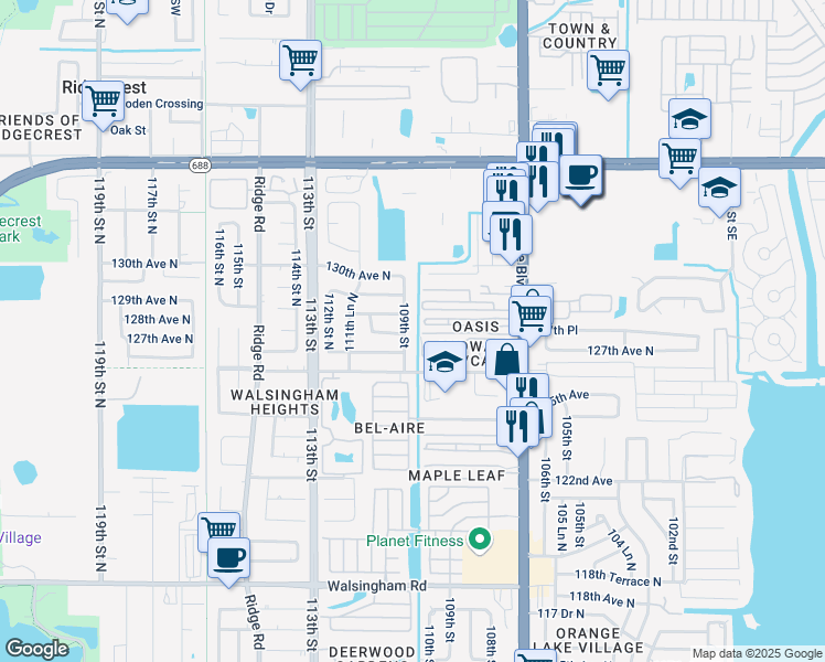 map of restaurants, bars, coffee shops, grocery stores, and more near 12843 109th Street in Largo