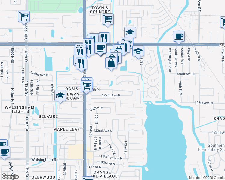 map of restaurants, bars, coffee shops, grocery stores, and more near 10398 127th Place in Largo