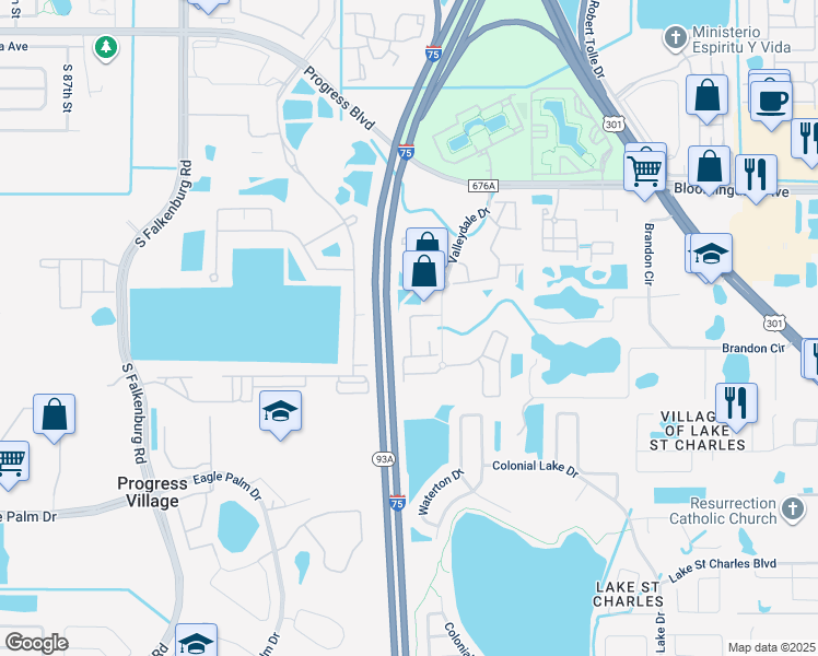 map of restaurants, bars, coffee shops, grocery stores, and more near 6411 Valleydale Drive in Riverview