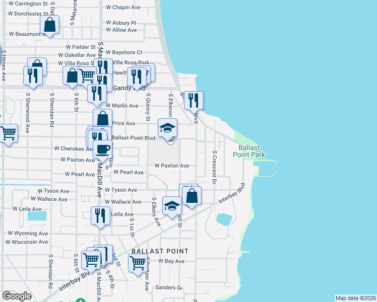 map of restaurants, bars, coffee shops, grocery stores, and more near 2708 West Ballast Point Boulevard in Tampa