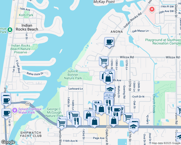 map of restaurants, bars, coffee shops, grocery stores, and more near 12760 Indian Rocks Road in Largo