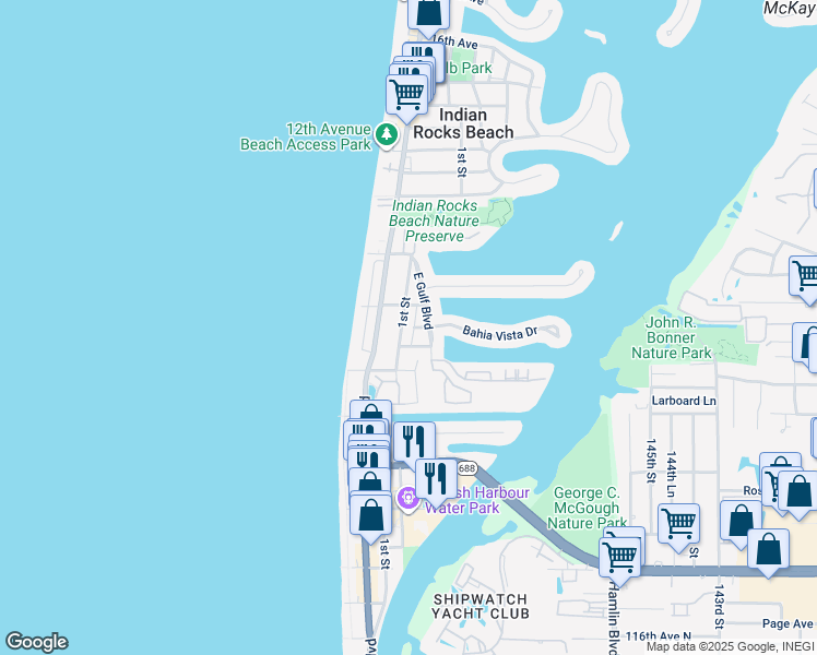 map of restaurants, bars, coffee shops, grocery stores, and more near 728 East Gulf Boulevard in Indian Rocks Beach