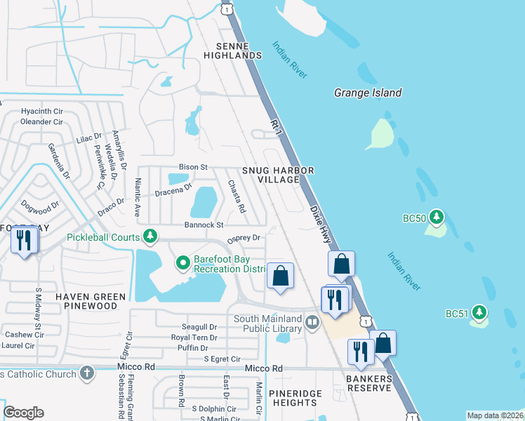 map of restaurants, bars, coffee shops, grocery stores, and more near 7597 Cedar Bark Road in Micco