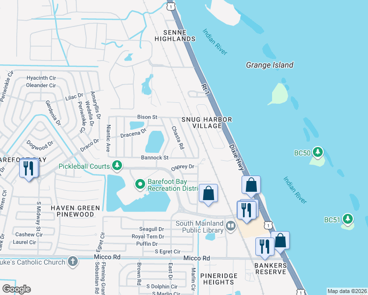 map of restaurants, bars, coffee shops, grocery stores, and more near 7597 Cedar Bark Road in Micco