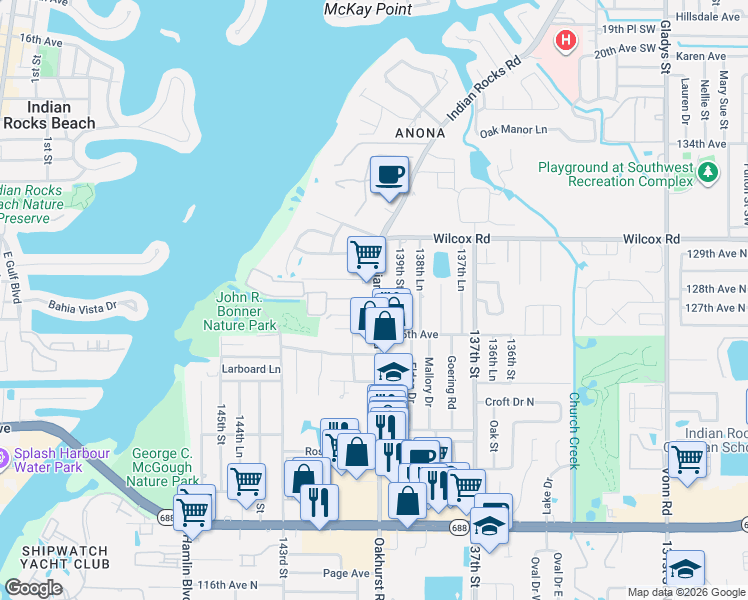 map of restaurants, bars, coffee shops, grocery stores, and more near 12788 Indian Rocks Road in Largo