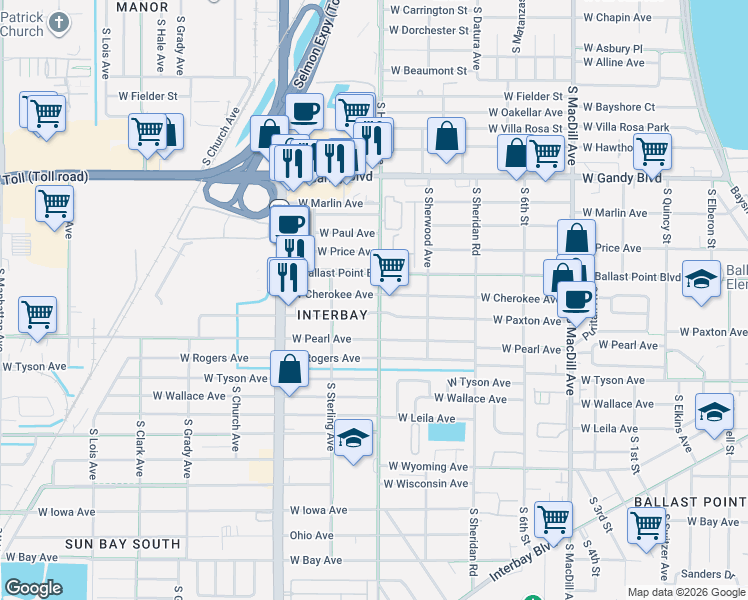 map of restaurants, bars, coffee shops, grocery stores, and more near 3507 West Cherokee Avenue in Tampa