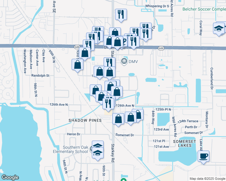 map of restaurants, bars, coffee shops, grocery stores, and more near 12950 Starkey Road in Largo