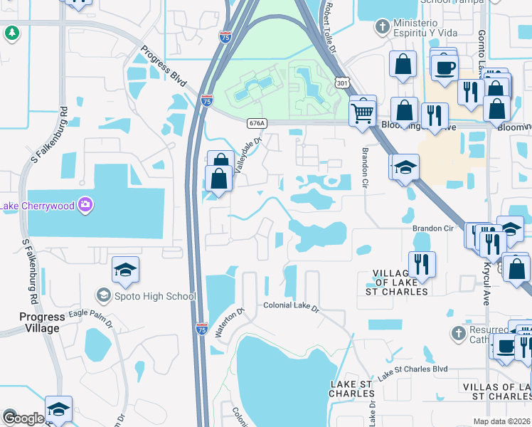 map of restaurants, bars, coffee shops, grocery stores, and more near 9736 Carlsdale Drive in Riverview