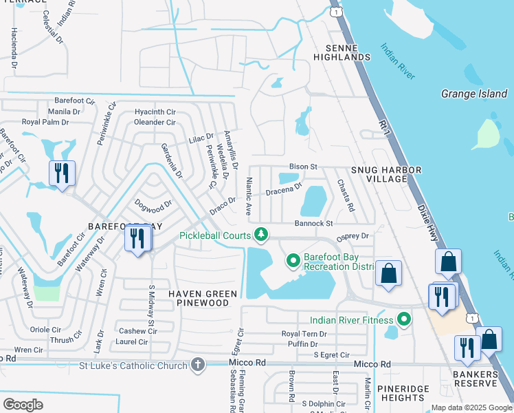 map of restaurants, bars, coffee shops, grocery stores, and more near 7642 Longhorn Avenue in Micco