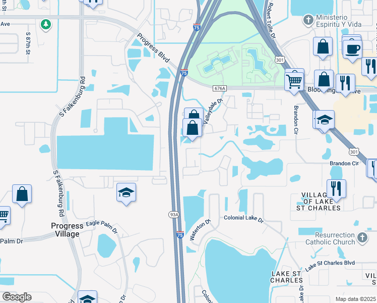 map of restaurants, bars, coffee shops, grocery stores, and more near 6411 Valleydale Drive in Riverview