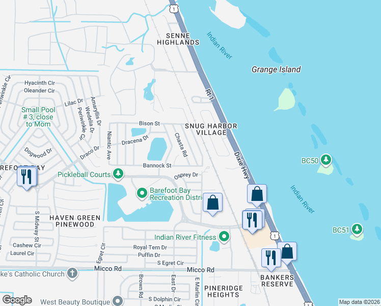 map of restaurants, bars, coffee shops, grocery stores, and more near 7597 Cedar Bark Road in Micco