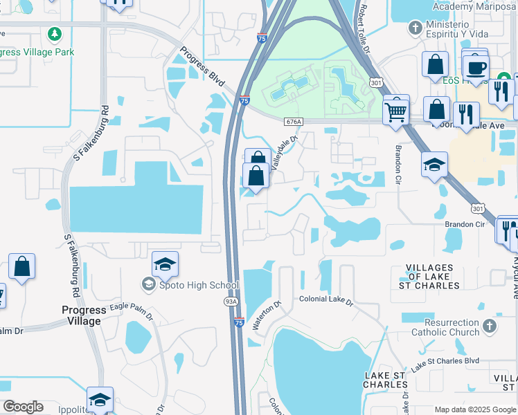 map of restaurants, bars, coffee shops, grocery stores, and more near 6411 Valleydale Drive in Riverview