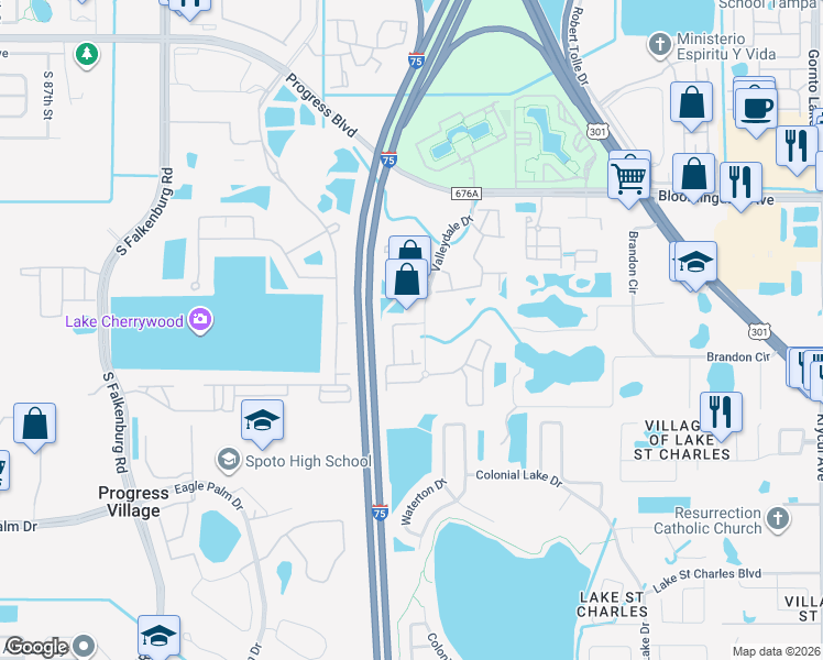 map of restaurants, bars, coffee shops, grocery stores, and more near 6434 Cypressdale Drive in Riverview