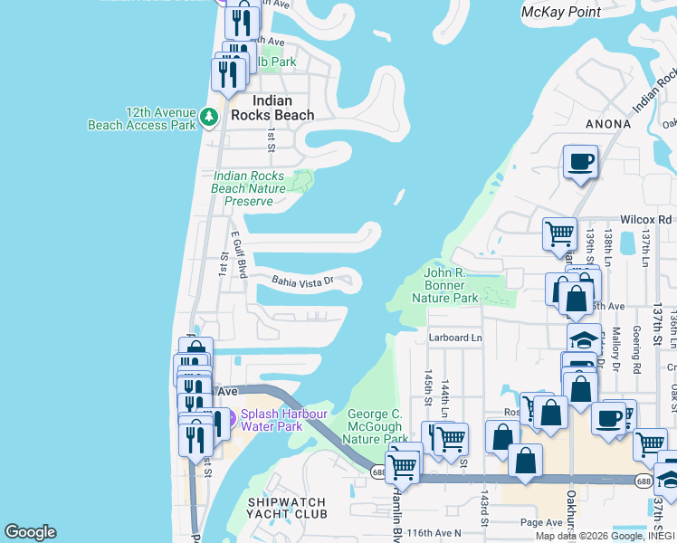 map of restaurants, bars, coffee shops, grocery stores, and more near 352 Bahia Vista Drive in Indian Rocks Beach