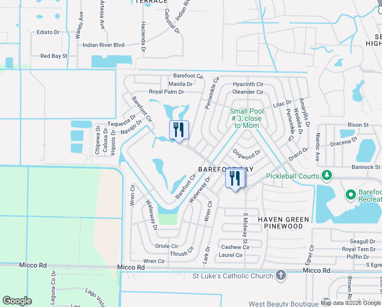 map of restaurants, bars, coffee shops, grocery stores, and more near 1213 Barefoot Boulevard in Sebastian