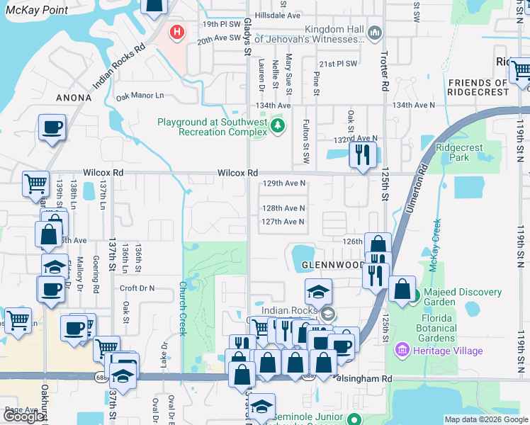 map of restaurants, bars, coffee shops, grocery stores, and more near 12932 128th Avenue North in Largo