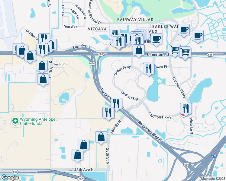 map of restaurants, bars, coffee shops, grocery stores, and more near 780 Carillon Parkway in St. Petersburg