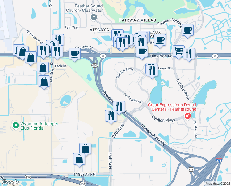 map of restaurants, bars, coffee shops, grocery stores, and more near 780 Carillon Parkway in St. Petersburg
