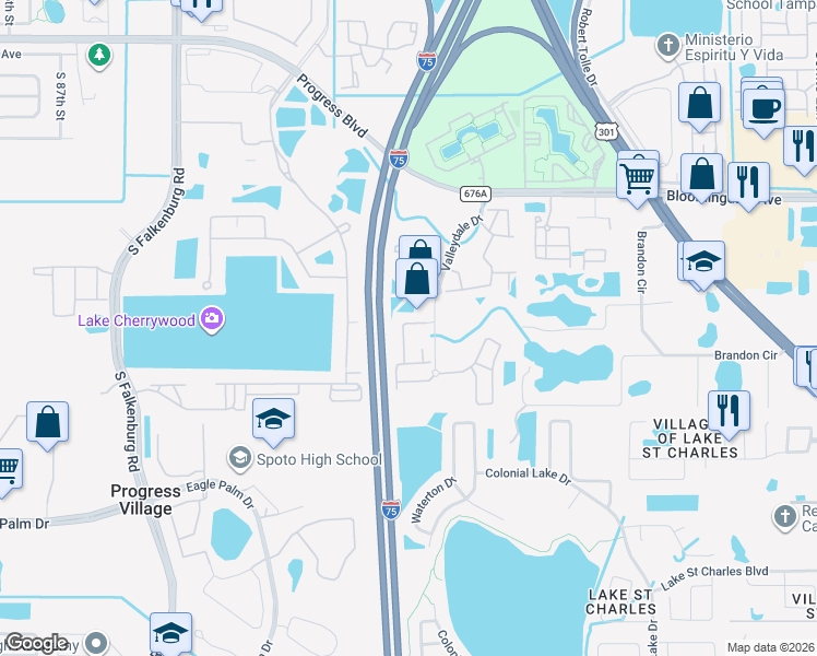 map of restaurants, bars, coffee shops, grocery stores, and more near 6411 Valleydale Drive in Riverview