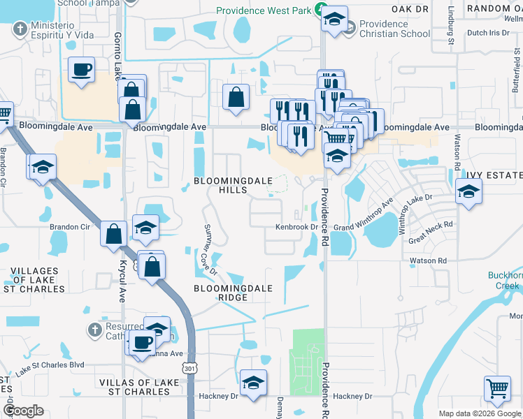 map of restaurants, bars, coffee shops, grocery stores, and more near 10908 Fenway Glen Court in Riverview